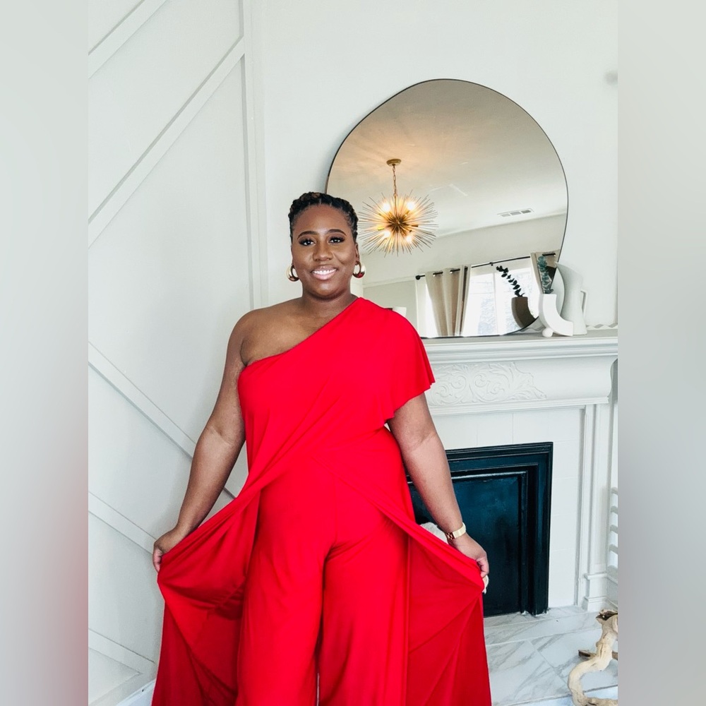 Camille & Co red one shoulder jumpsuit | Wide leg jumpsuit